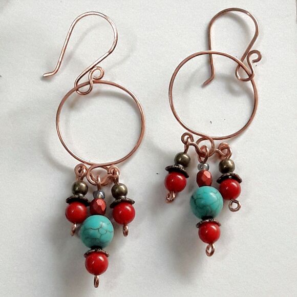 artisan earrings 607#mfs South Western blue stone red fringe dangle hoop earring - Picture 2 of 5